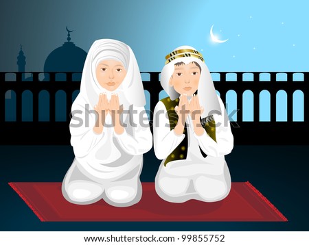Muslim kids girl and boy reading namaj Islamic prayer and mosque on night background EPS 10 vector illustration. Muslim kids girl and boy reading namaj Islamic prayer and mosque on night background EPS 10 vector illustration.