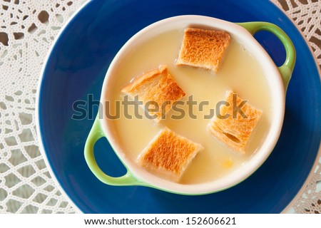 corn soup and bread healthy food background