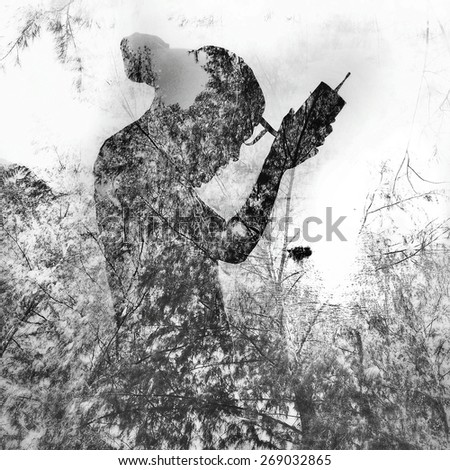 Human and nature double exposure black and white background