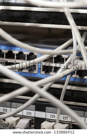 Macro close-up at a network server to which several network cables are connected.