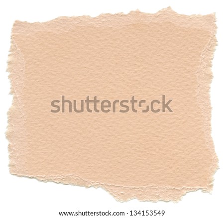 Texture of peach orange fiber paper with torn edges. Isolated on white background.