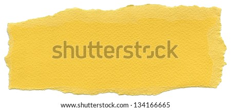 Texture of Naples yellow fiber paper with torn edges. Isolated on white background.