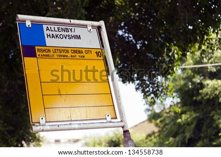 Bus stop sign on Alenbi and HaKovshim street in Tel-Aviv, Israel. Stop is for bus number 10.