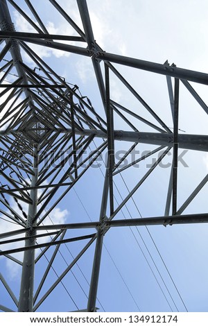 View at a high-voltage electricity pylon from directly below, which deconstructs the subject from its function and treats it as a mere sofisticated geometric abstract.