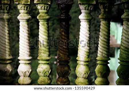 Old white porch banisters partially covered with duckweed.