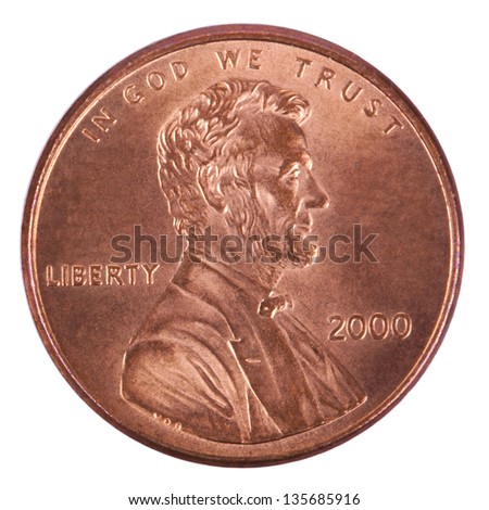 The obverse side of a USA 1 cent (penny) coin.  This is the version of the penny that was produced between the years 1959-2008, depicting Abraham Lincoln\'s portrait. Isolated on white background.