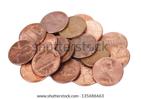 A stack of 1 US cent (penny) coins isolated on white background. This is the version of the penny that was produced between the years 1959-2008, depicting the Lincoln memorial.
