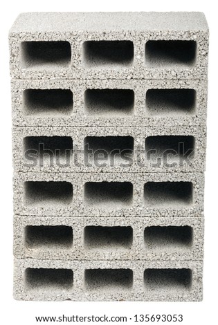 Six gray concrete construction blocks (breeze block, cement block, foundation block, besser block; professional term: Concrete Masonary Unit - CMU) in a straight stack, isolated on white background.