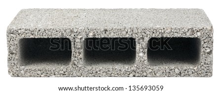 Gray concrete construction block, (a.k.a. cinder block, breeze block, cement block, foundation block, besser block; professional term: Concrete Masonary Unit - CMU) isolated on white background.