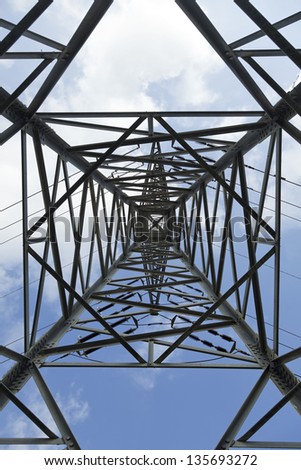 View at a high-voltage electricity pylon from directly below, which deconstructs the subject from its function and treats it as a mere sofisticated geometric abstract.