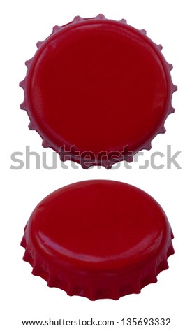 Two angles of a red colored metal cap, used for glass soda bottles. Isolated on white background.