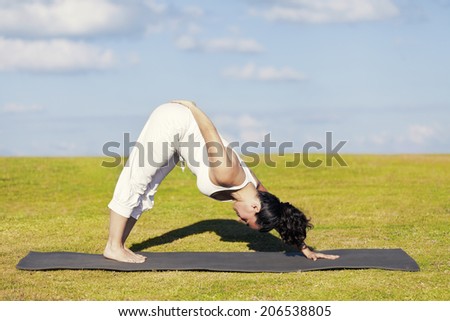 An adult woman standing on a black yoga mattress in the Adho Mukha Svanasana (aka downward facing dog) pose, on a green lawn with cloudy blue sky in the background.
