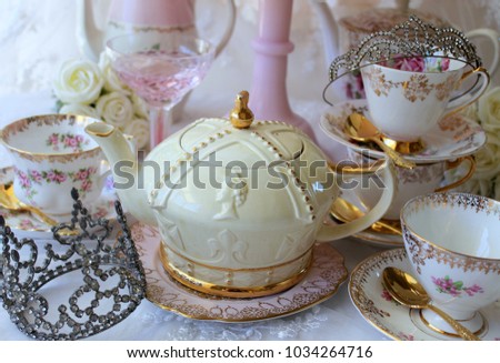 Royal Wedding High Tea Bridal Shower - pink cake stand, roses teapot, tea cup and saucer, diamond rhinestone crown princess tiara, gold cutlery flatware, party, queen