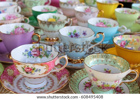 Pretty Pastel Tea Cups in Row - Afternoon Tea Party