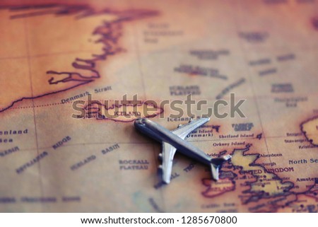 Plane aiming to Iceland (map). International flights to Iceland concept.