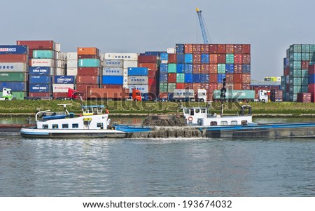 ROTTERDAM, NETHERLANDS-CIRCA MAY 2014: Container depot in Rotterdam Port - the biggest European port
