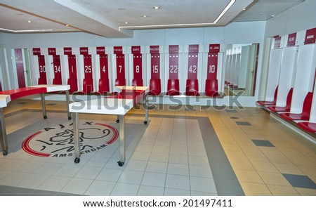 AMSTERDAM, THE NETHERLANDS-CIRCA MAY 2014: The dressin-room of Ajax Football Club at Amsterdam Arena