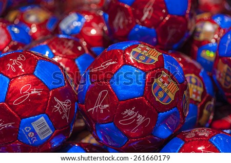 BARCELONA,SPAIN-CIRCA MARCH 2015: Balls with FC Barcelona emblem in the official Camp Nou store