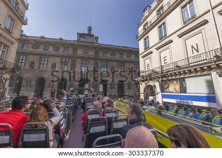 PARIS,FRANCE-CIRCA APRIL 2015: On the touristic hop on hop off bus