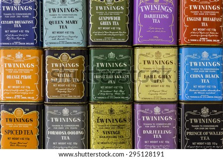 MANTOVA, ITALY - JULY 9, 2015: Twinings colourful tea vintage boxes.
