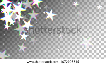 Glitch Art Background. White Stars with Trandy Glitch Effect. Postcard, Packaging, Textile Print. Digital Stars Backdrop. Falling White Stars Confetti Vector Illustration.