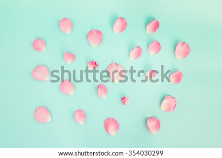 Falling petals of a pink rose on green background.