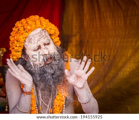 ALLAHABAD, INDIA - FEB 13 - An elaborately dressed holy man preaches from his tent during the festival of Kumbha Mela on February 13th 2013 at Allahabad, India.