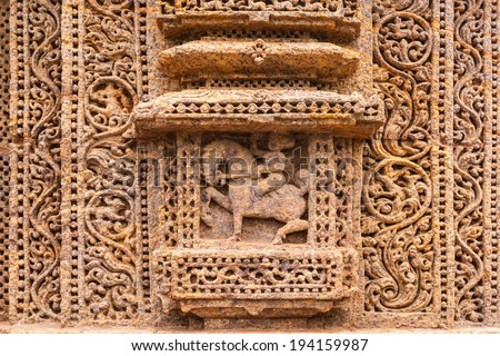 The figure of an Indian king carved into the wall of the ancient Sun Temple at Konark, India.