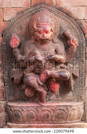 BHAKTAPUR, NEPAL - APR 30 - An old deity of Narasimha, the avatar of the Hindu god Vishnu, found in Bhaktapur, Nepal on April 30th 2014