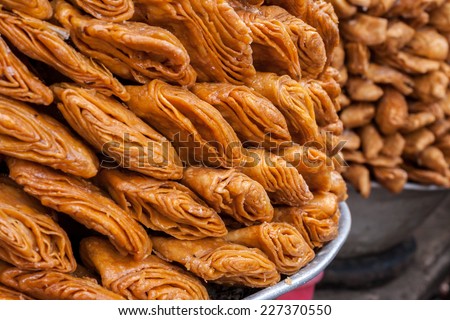 Khaja Ã¢Â?Â? traditional Indian confectionery cooked from wheat flour and sugar, found in the eastern state of Orissa.
