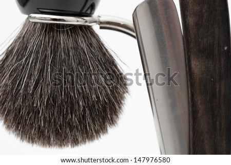 a complete set for shaven: razor, shaving brush - isolated on white background