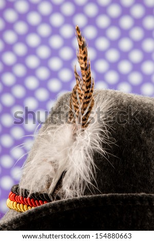 oktoberfest german hunting hat with feathers and three ropes colored in the national colors of Germany - isolated on typical bavarian colored background