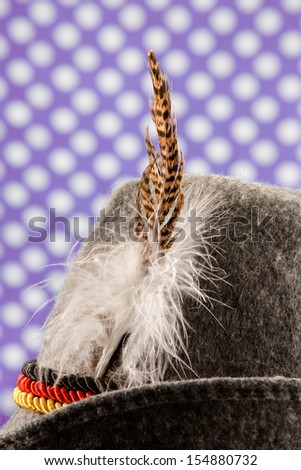 oktoberfest german hunting hat with feathers and three ropes colored in the national colors of Germany - isolated on typical bavarian colored background