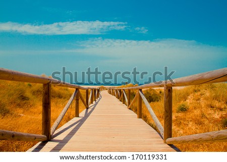 wooden path to the beach in Tarifa, andalusia, spain, costa de la luz