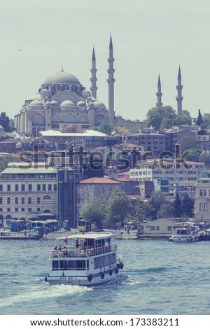 ISTANBUL,TURKEY: Cruise ferries in Eminonu Port near Yeni Cami and Galata Bridge