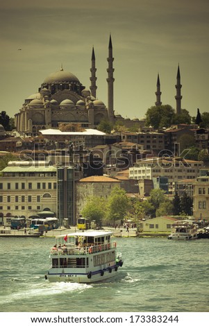 ISTANBUL,TURKEY: Cruise ferries in Eminonu Port near Yeni Cami and Galata Bridge