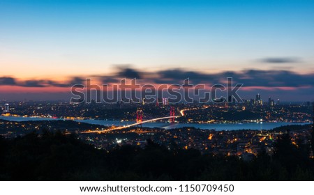 Istanbul Bosphorus Bridge at night. 15th July Martyrs Bridge. Night view from Camlica Hill. Istanbul, Turkey.