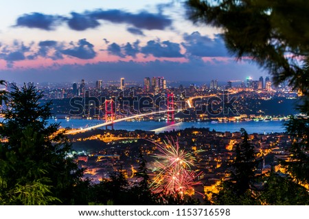 Istanbul Bosphorus Bridge with Fireworks. 15th July Martyrs Bridge. Night view from Camlica Hill. Istanbul, Turkey.