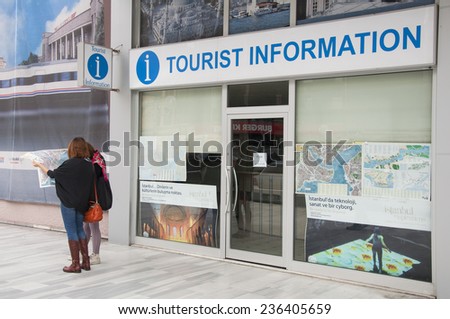 ISTANBUL, TURKEY - December 6: Tourist information office in Istanbul. Tourists looking at the map of Istanbul. December 6, 2014 in Istanbul, Turkey.