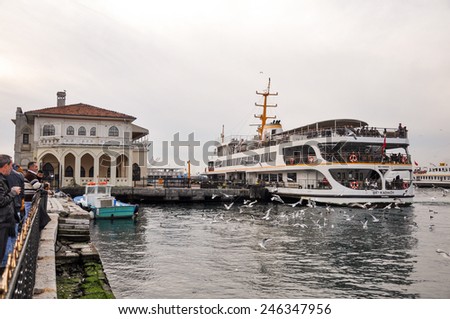 ISTANBUL - JAN 18: People get on board the ship at Kadikoy on January 18, 2015 in Istanbul. Nearly 150,000 passengers use ferries daily in Istanbul, due to easy access to two different continents.