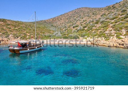 A boat in the Aegean Sea. Bodrum, Mugla, Turkey