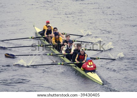 BOSTON - OCTOBER 18: Trinity College men\'s rowing team competes in the Head Of The Charles Regatta October 18, 2009 in Boston, Massachusetts.