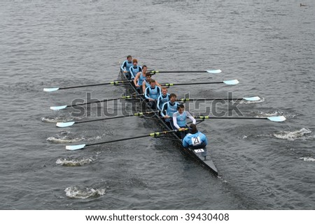 BOSTON - OCTOBER 18: University of North Carolina at Chapel Hill-Men\'s Crew men\'s rowing team competes in the Head Of The Charles Regatta October 18, 2009 in Boston, Massachusetts.