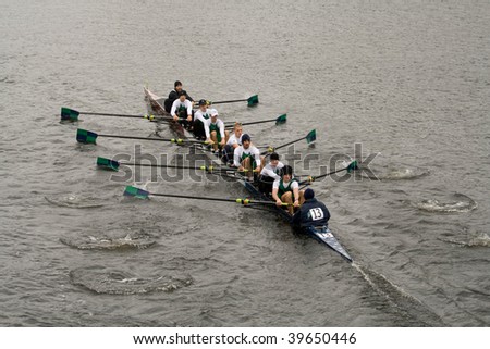BOSTON - OCTOBER 18: Mercyhurst College men\'s rowing team competes in the Head Of The Charles Regatta on October 18, 2009 in Boston, Massachusetts.