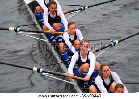 BOSTON - OCTOBER 18: Skadi Rowing Club of Rotterdamn, Netherlands women\'s rowing team competes in the Head Of The Charles Regatta on October 18, 2009 in Boston, Massachusetts.