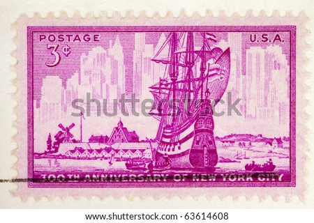 CIRCA 1953: A postage stamp printed in the USA, dedicated of 300th anniversary of the New York city, Circa 1953