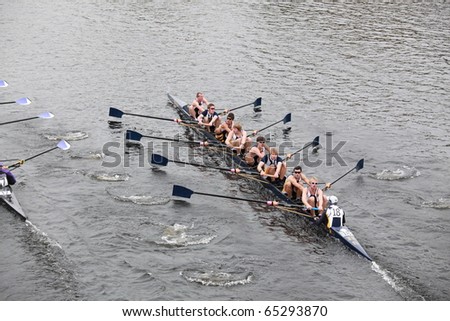 BOSTON - OCTOBER 24: Cansisus High School Men 18 and Under men\'s Crew competes in the Head of the Charles Regatta on October 24, 2010 in Boston, Massachusetts.