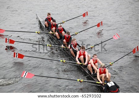 BOSTON - OCTOBER 24:  Community rowing Men 18 and Under men\'s Crew competes in the Head of the Charles Regatta on October 24, 2010 in Boston, Massachusetts.