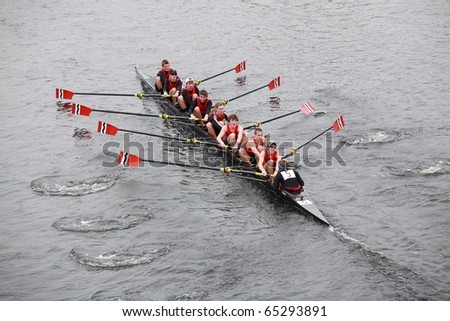 BOSTON - OCTOBER 24:  Community rowing Men 18 and Under men\'s Crew competes in the Head of the Charles Regatta on October 24, 2010 in Boston, Massachusetts.