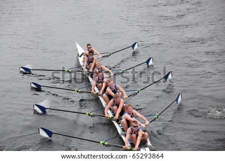 BOSTON - OCTOBER 24: Everett Rowing Association  Men 18 and Under men\'s Crew competes in the Head of the Charles Regatta on October 24, 2010 in Boston, Massachusetts.